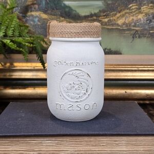 Golden Harvest Mason Jar White Chalk Paint Burlap Trim Farmhouse Decor Candle